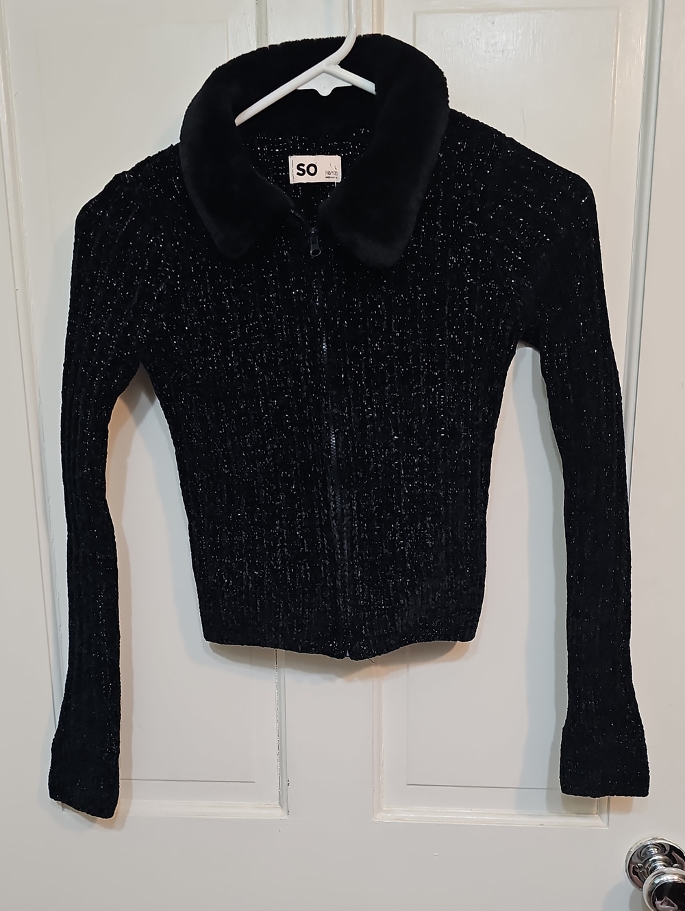 SO Black Shimmer Zip-Up Sweater with Faux-Fur Collar